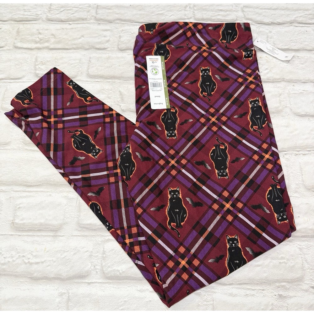 Women Jr Halloween Leggings Purple Plaid Cats Print XL (16-18) Soft Stretchy NEW